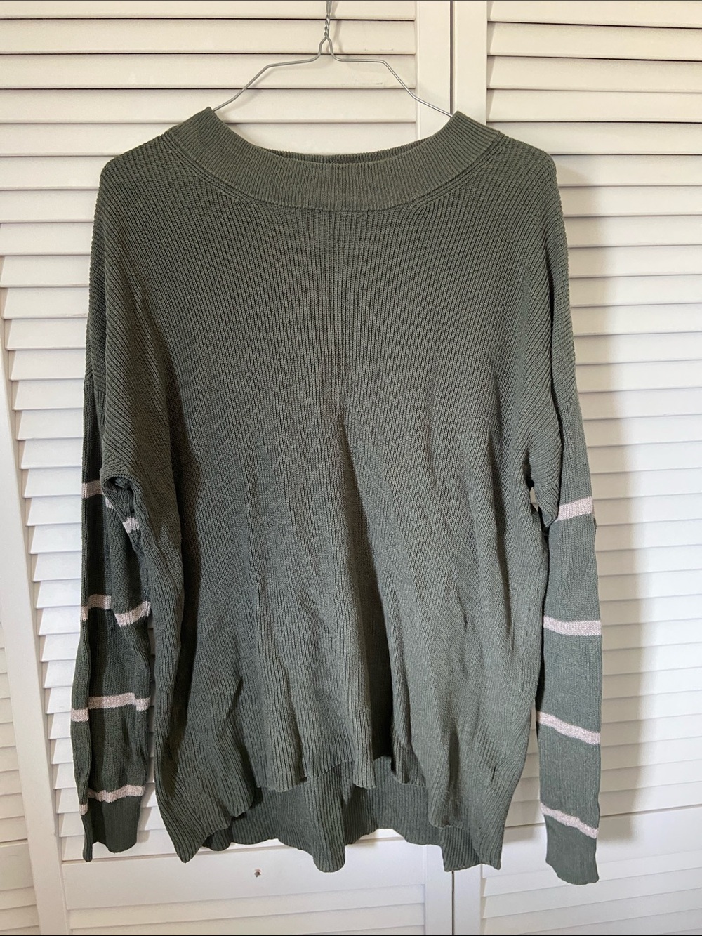 American Eagle Outfitters Olive Green Crewneck Sweater with Pink Stripes